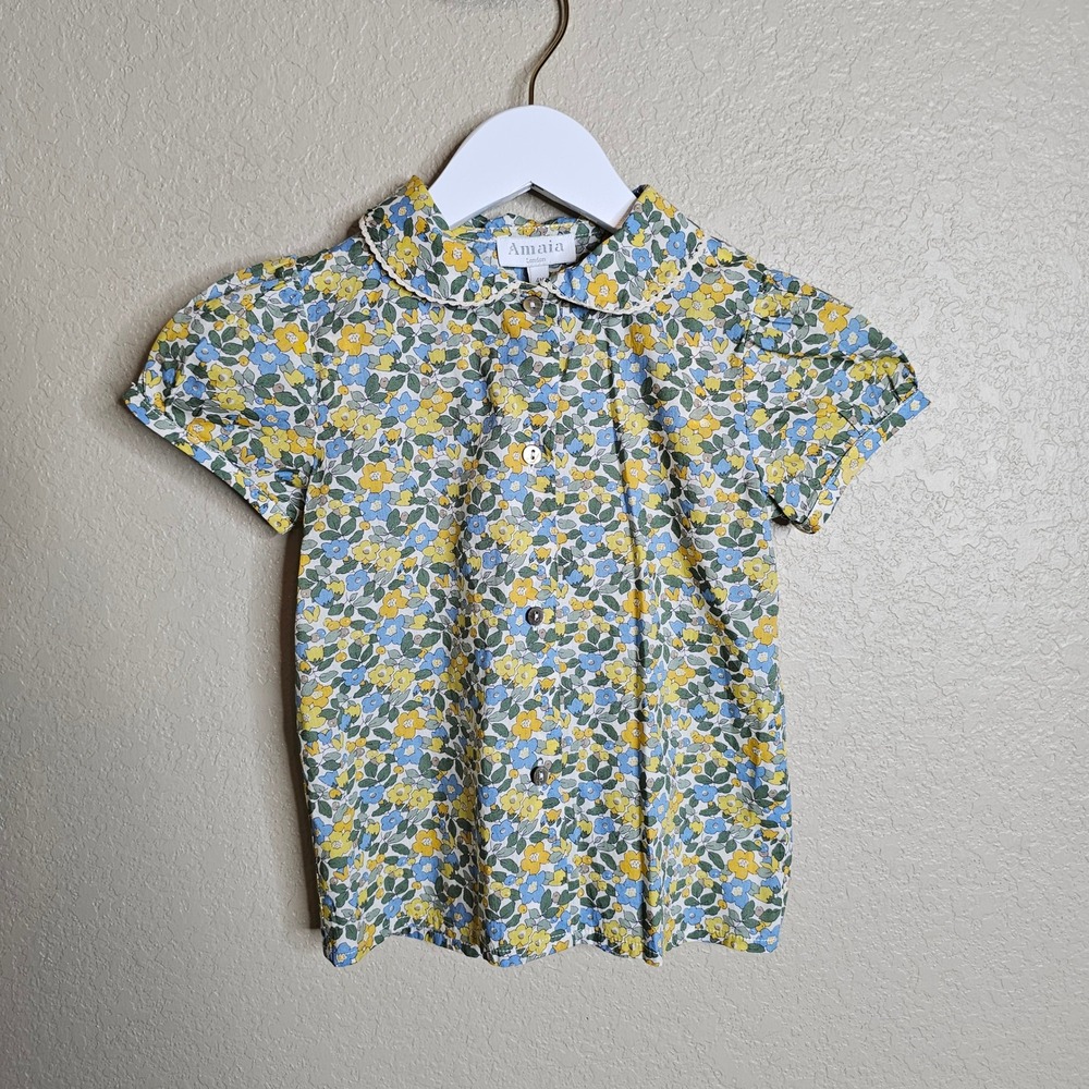 Amaia London Girls Floral Peter Pan Collar Blouse Yellow Blue Cotton Size 4Y